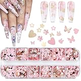12 Grids Holographic Nail Glitter, Wsimily Butterfly Flower Heart Rabbit Pink Gold Nail Art Sequins