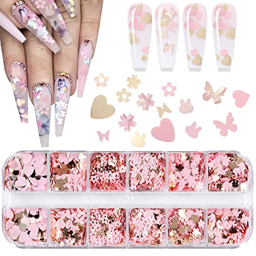12 Grids Holographic Nail Glitter, Wsimily Butterfly Flower Heart Rabbit Pink Gold Nail Art Sequins Glitter for Acrylic Nails Design Paillettes Shining Flake Glitter Valentine's Day Nail Decoration
