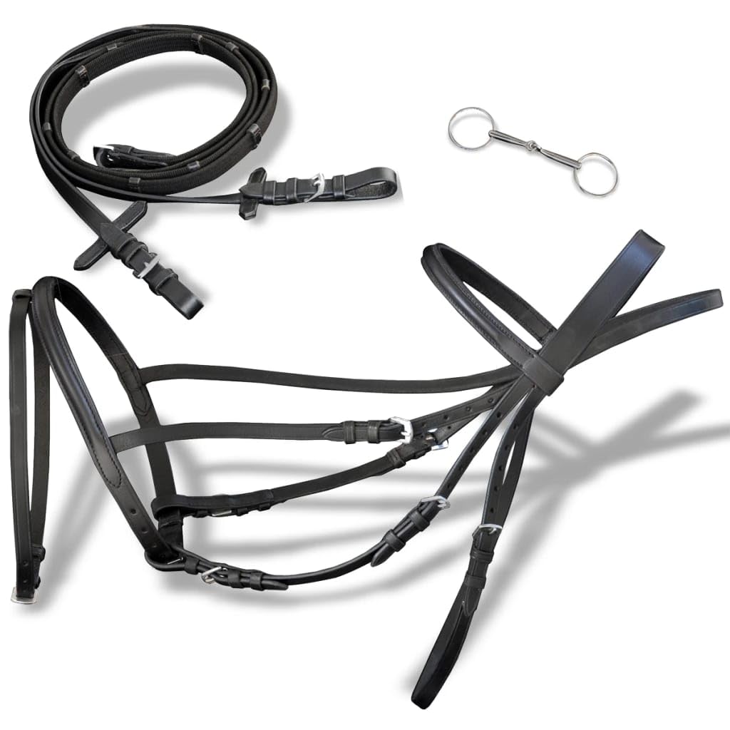 Brida de cuero con riendas y pistón negro, diadema acolchada, ajustable, adecuada para doma, saltar, torneo, caballo, pony, estilo de equitación inglés