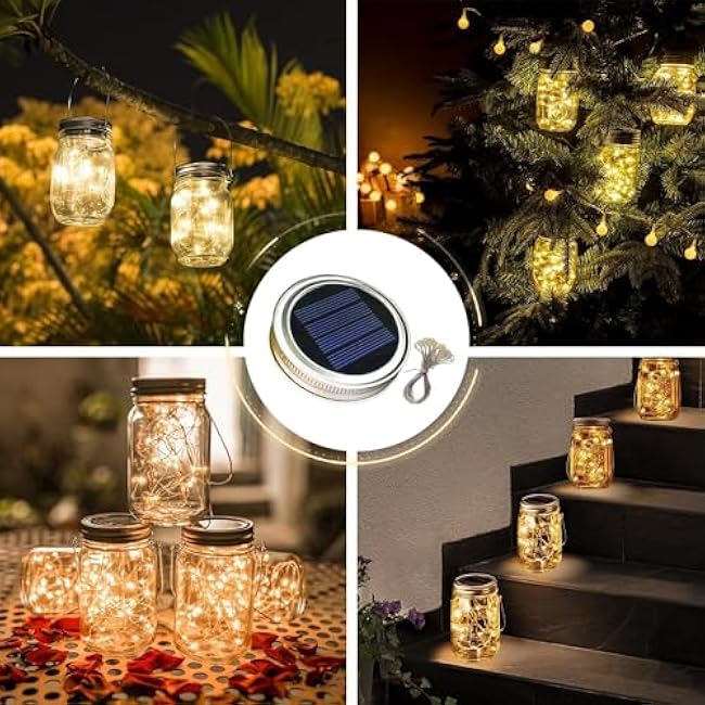 6 Pack Solar Mason Jar Lights for Outside, 30 LED Solar Mason Jar Lids Fairy Lights with 6 Hangers(No Jars) Outdoor Waterproof for DIY Patio Garden Yard Lawn Party Wedding Decoration Warm White