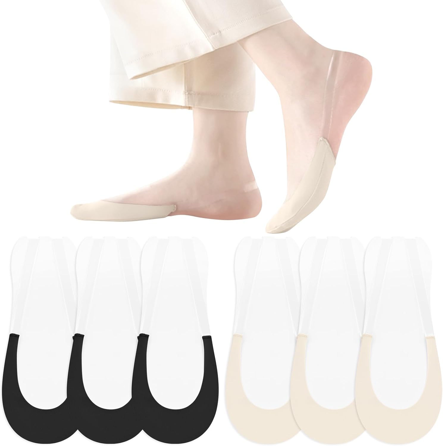 No Show Socks with Invisible Sling Back Womens, 6 Pairs Low Cut Half Toe Topper Socks with Non-Slip Straps for Heels