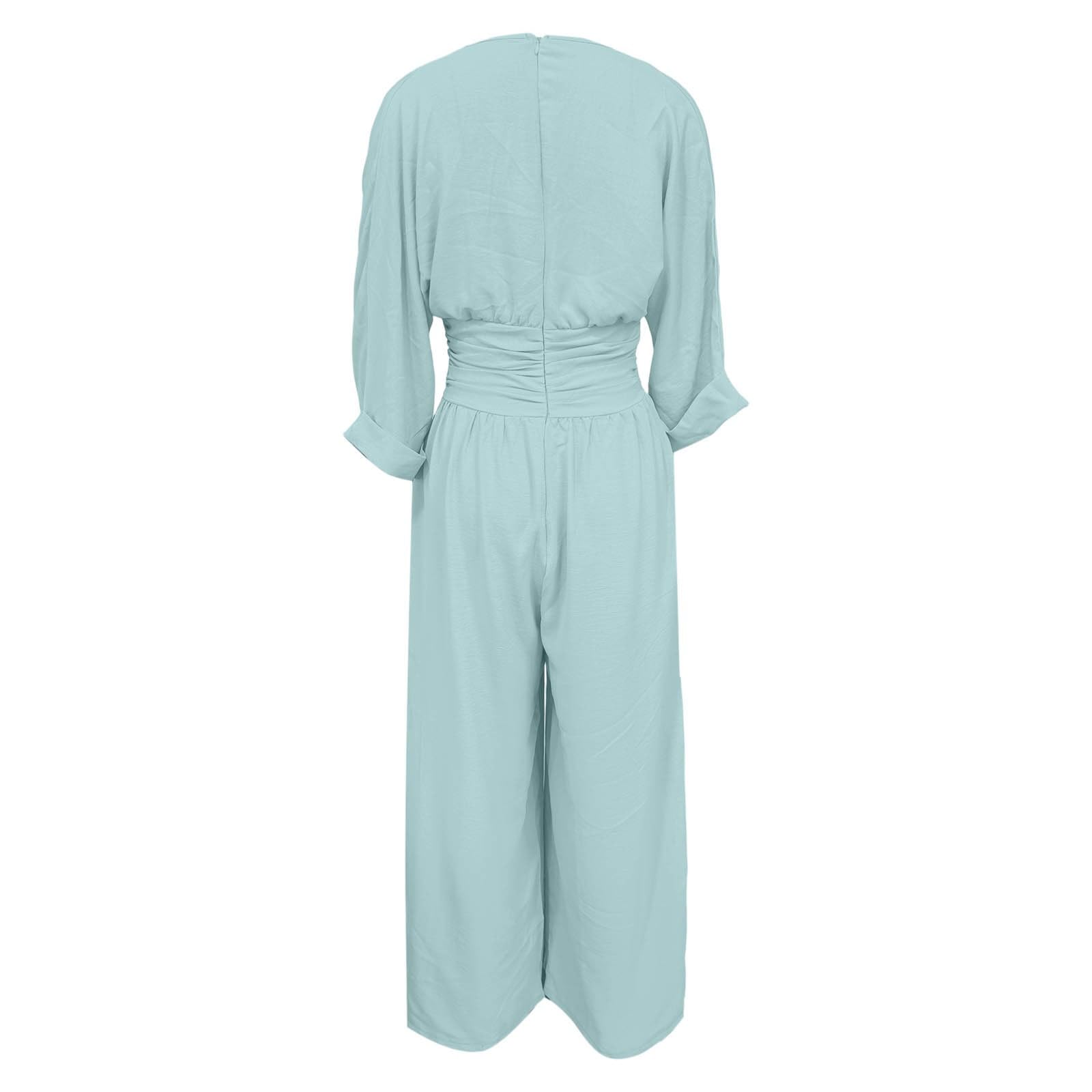 Générique Combinaison Femme Chic Élégante Col V Jambes Larges avec Poches Jumpsuit Manches 3/4 Souris Fluide Combinaison Pantalon pour Travail Bureau Soirée Mariage