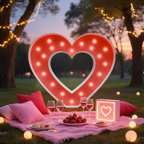 Image of Marry Me Light-up Letters Sign: 18 Colors 3FT Large Marquee Heart Big Will You Marry Me Signs Decorations Kit for Wedding Engagement Proposal Party Reception Centerpiece Backdrop with Rose Petals