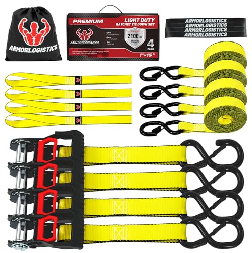 Image of Ratchet Straps (4 Pack) - 1in x 15ft Motorcycle Strap Tie Downs with 15ft Soft Loops - 2,100lb Break Strength Ratchet Tie Down Straps for Motorcycles, Truck, Cargo - Safety S Hook, Storage Bag