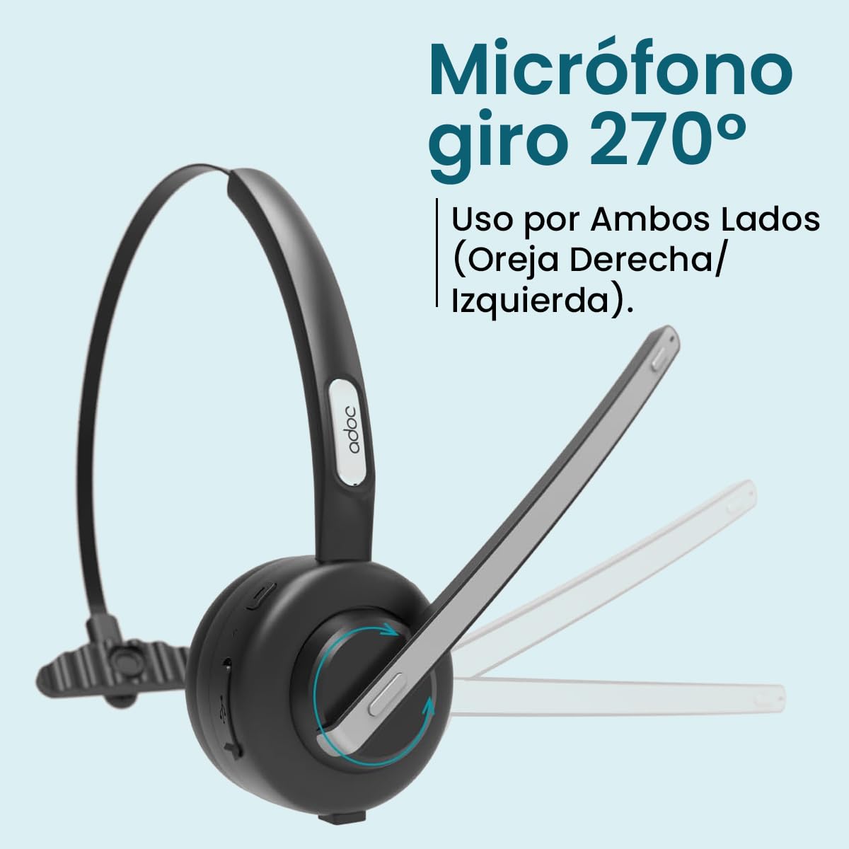 ADOC BT01 Auriculares Bluetooth Monoaurales con Micrófono Giro 270 Grados, Cancelador de Ruido, Diadema Ajustable, Tecla multifunción, Batería Duradera. Uso por Ambos Lados (Oreja Derecha/Izquierda).