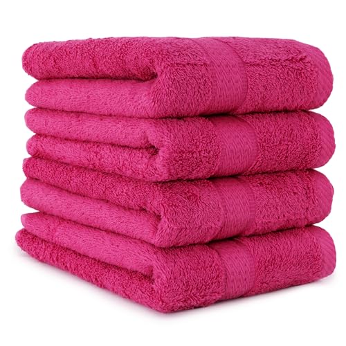 BaSaTex - 4er Pack Handtuch Set für Haushalt & Gäste - Frottee-Handtücher mit Aufhängeschlaufe aus weicher Baumwolle in 50x100cm - Waschtücher für Bad Öko-Tex Made in Green - Magenta