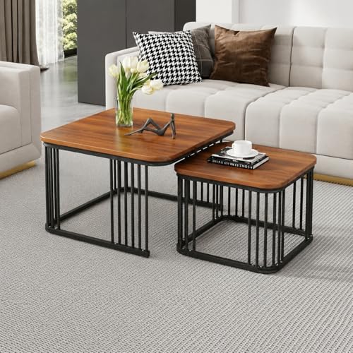 Image of Square Nesting Table Set of 2 for Living Room, Room Decoration Item for Bedroom, Coffee & Side Table with Marble MDF White Top and Iron Base (Black & Brown) (L -51x48CM) (S-41X41CM)