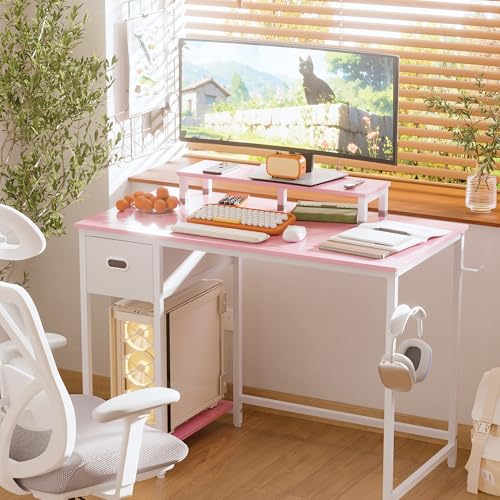 Image of Pamray 39 Inch Computer Desk with Monitor Stand Small Home Office Desks with Non-Woven Storage Drawer for Bedroom Study Table Writing and Work Desk Pink
