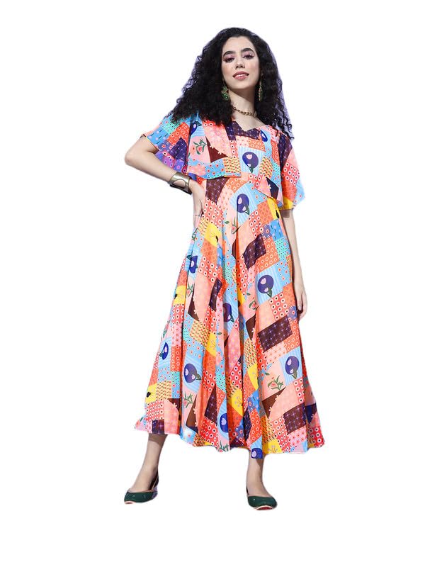 Robe trapèze Varanga imprimé abstrait multicolore col en V pêche taille XS pour femme
