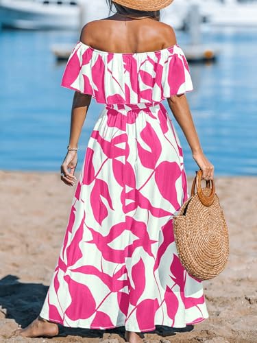 Image of CUPSHE Women Ruffle Floral Maxi Summer Dress Off Shoulder Short Sleeve Backless Flounce Bodice Slit Hem Beach Dresses