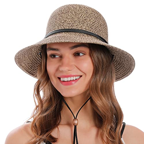 Simplicity Womens Beach Hat Sun Hat Women Wide Brim Hat Lightweight Straw Sun Hat with Chin Strap Roll Up Sun Visor Cute Hat Coffee/Brown