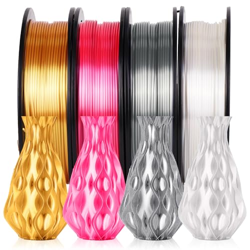 YOUSU 3D Printer Filament, 250G PLA Silk Filament Bundle, 1.75mm Smooth Silk Filament Muticolor, Silk PLA Filament 4 Color Pack 4x250g (Gold, Silver, Pink, White)