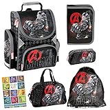 Avengers Marvel Lizenzartikel Schulranzen ergonomischer Ranzen Federmappe Turnbeutel Schlamperrolle Sporttasche Aufgabenheft für die Grundschule 6er Set. Geeignet ab der ersten Klasse der Grundschule.