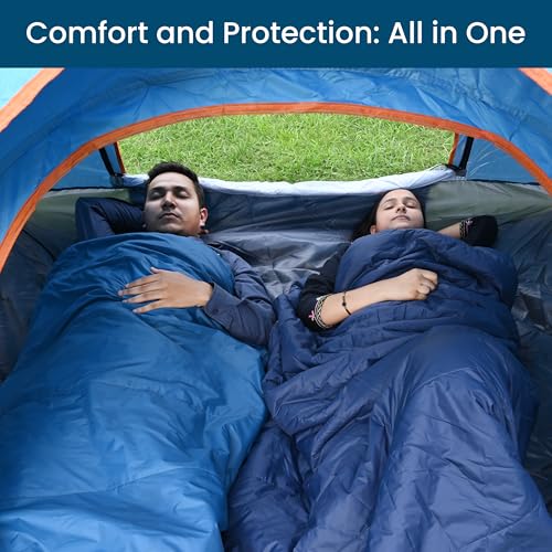 Image of HACER Dual Couple Sleeping Bag for Adults | -15C to +6C Winter Double Sleeping Bags | 4 in 1 Rectangular Soft Nylon Lining 2 Person Camping Bed for Trekking & Hiking (Blue, Upto 6ft, 1.8kg)