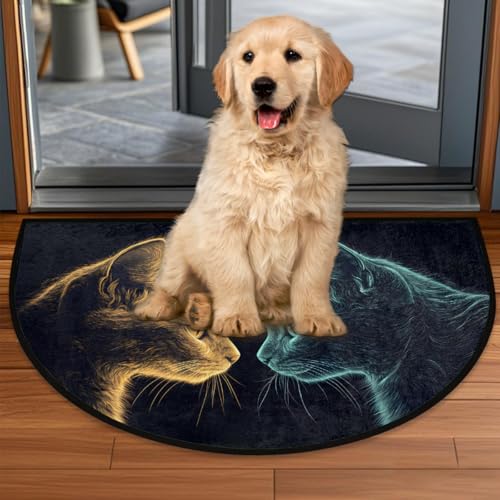 Image of cfpolar Half Round Door Mat Animal Blue Cat Cute Kitten Non-Slip Semi Circle Area Rug Washable Half Moon Hearth Rugs for Indoor Outdoor Bathroom Kitchen Patio Runner Mat Laundry Room Home Decoration