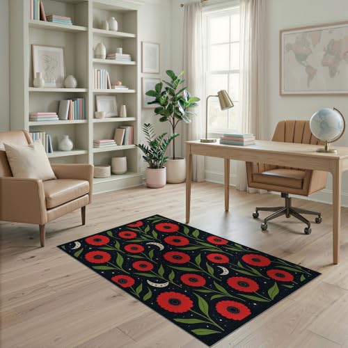 ODIKA 4'x6' Charcoal Red Poppy Phase Elegance Washable Area Rug