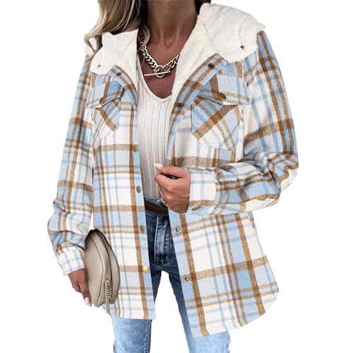 Womens Plaid Jacket Long Sleeve Button Down Fleece Hooded Jackets Casual Color Block Warm Coat Fall Winter Coats2