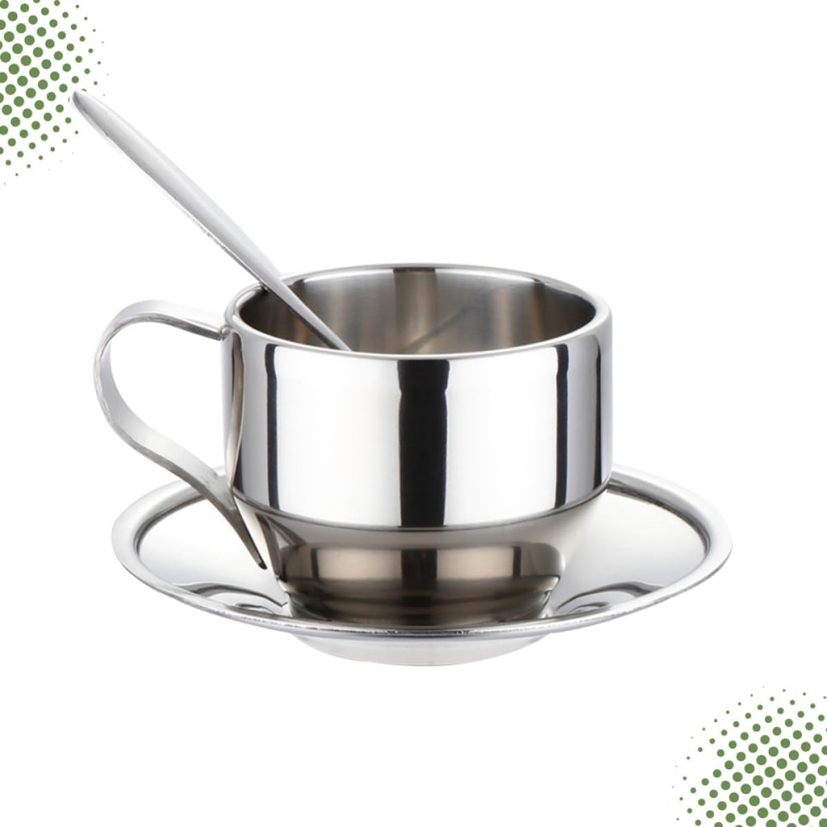 Ciieeo Stainless Steel Coffee Cup Set with Double Wall Insulated Tea Cups 3pcs Spoon and Plate Included, Ergonomic Design and Easy to Clean, for Home and Coffee Shop Use