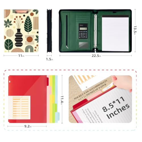 Image of Ospelelf Vintage Leather 3 Ring Portfolio Binder, Zippered Clipboard Folder with Storage - 5 Dividers with Pocket, Padfolio for Women,12.1 inch Tablet Sleeve, Refillable Notepad, Card Slot