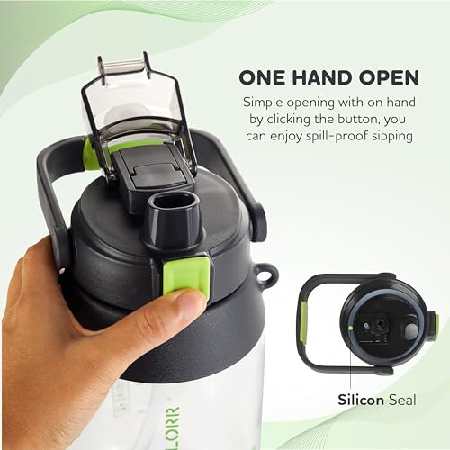 Image of KOLORR Sprint+ 2000 ml Fitness Gym Non-Toxic Water Bottle|Dual Opening Mount Design with Mobile Holder|Motivational Bottle|Durable Handle, Easy to Carrying Strap, One-Click Lock - Black & Green