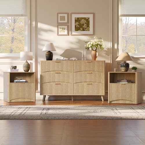 Evermagin 3-Piece Bedroom Set, 54" 6-Drawer Dresser, 2 Nightstands, Natural