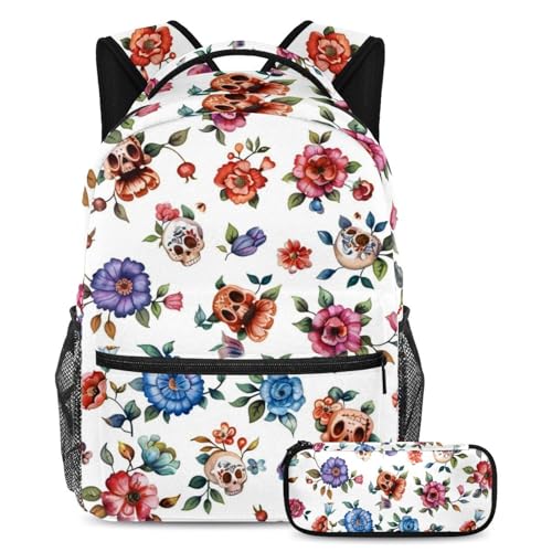 Art Sugar Skull Flower sac à dos et trousse pour le collège et lycée