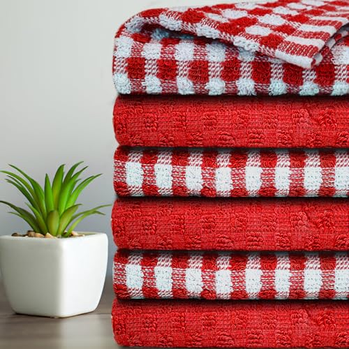 Casabella Pack Of 6 Terry Towelling Cotton Kitchen Tea Towels. Soft, Highly Absorbent Dish Towels & Bar Towels Unbeatable Price (6 Pieces Set, Red)