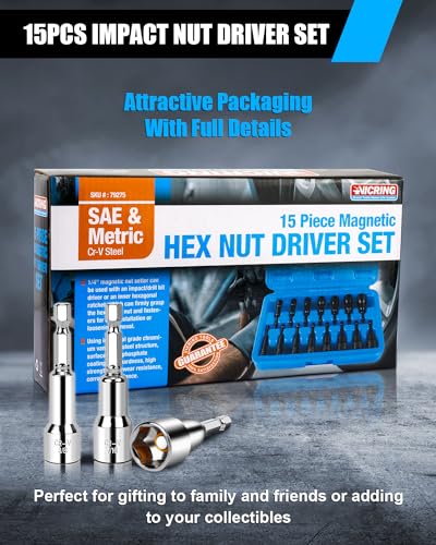 Vicring 15-Piece Magnetic Nut Driver Set, Impact Nut Driver Set,Premium Impact Power Hex Nut Driver Drill Bit Master Kit，Sae(1/4 Inch To 9/16") And Metric (6-14Mm)| Chrome Vanadium Steel thumb #6