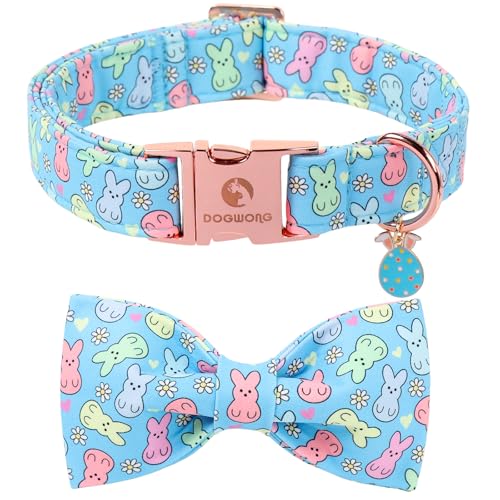 Image of DOGWONG Easter Dog Collar, Blue Bunny Print Dog Collar with Bow, Girl Boy Pet Spring Holiday Dog Collars for Small Dogs,S