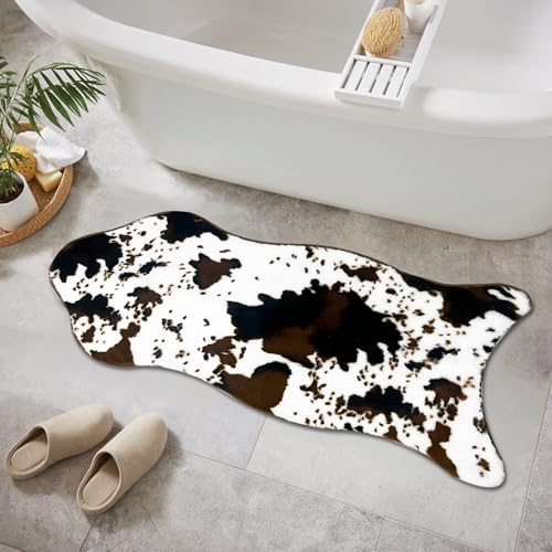 mamrug Coffee and White Cow Cute Bath mat,Faux Rabbit Fur Non-Slip Shaggy Water Absorbent Microfiber Soft Fluffy Bathroom Rugs,Washable for Home Decor Living Room Soft Plush Rug 23.6x47.2 inch