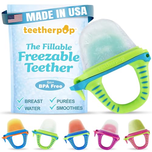 Teetherpop Fillable Freezable Teethers for Babies - Breastmilk Teether with Spill-Proof Sippy Slits – Teething Popsicle for Baby, Liquids & Purées, Cooling Teething Relief Feeder Pacifier - LimonTeal