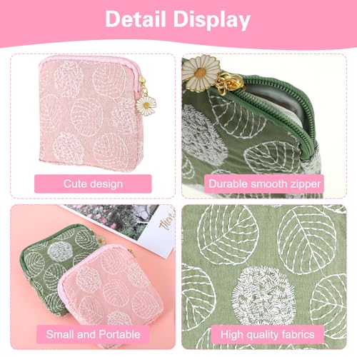 Image of TIESOME 2 Pcs Daisy Embroidery Sanitary Napkin Storage Bags, Menstrual Cup Pouch, Cotton Soft Period Holder, Portable Tampon Holder, Pad Pouch, Period Kit Bag for Women & Teen Girls (Green+Light Pink)