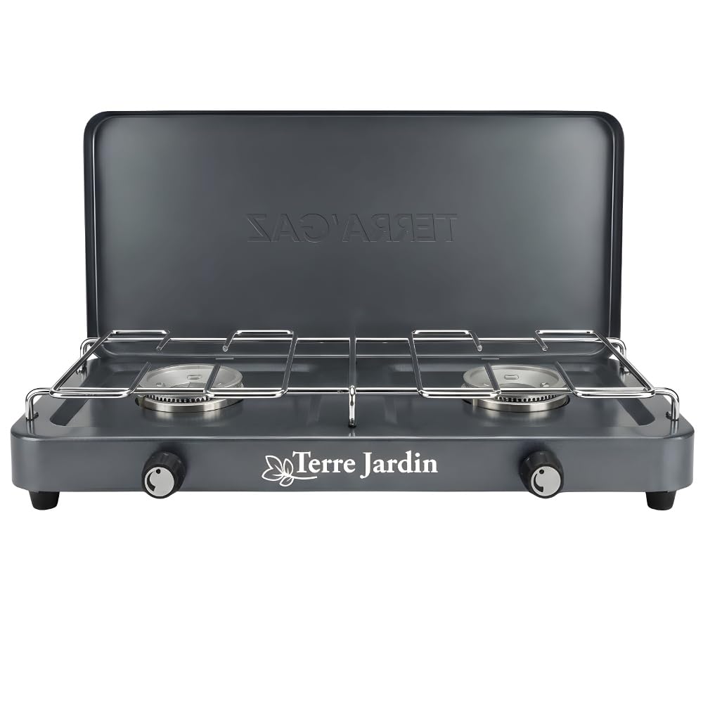 TERRE JARDIN Réchaud de Camping 2 Feux à Gaz - Gazinière Portable avec Couvercle - Plaque de Cuisson Double Brûleur pour Camping, Bivouac et Extérieur