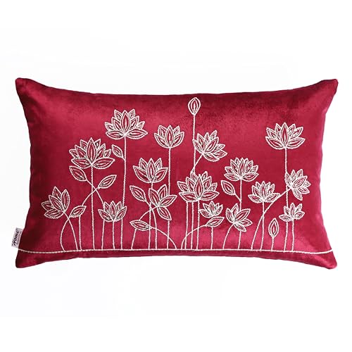 Image of Home- The Best is for You Rectangular 12x18 Inch Burgundy Velvet Embroidered Cushion Covers Pack of 2