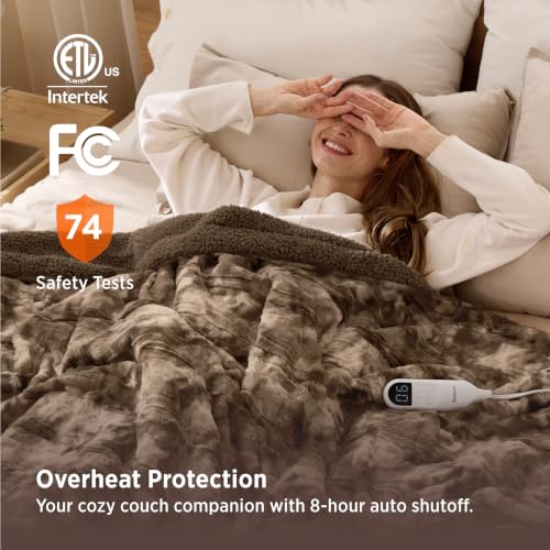 Image of Bedsure Faux Fur Heated Blanket Full Size, Tie-Dye Electric Blanket, Brown