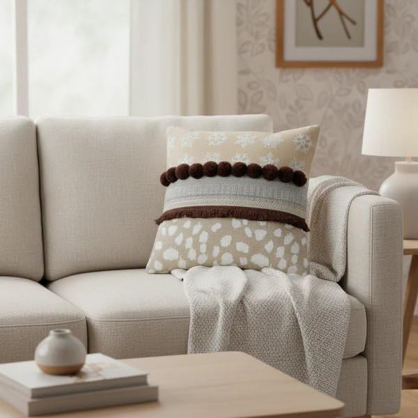 Cozy Winter Lodge Cushion Cover with Pom Pom Ruffle Border Set of 2 | Decorative Throw Pillow Covers | Soft Durable Fabric | Hidden Zipper | Sofa Couch Bed Living Room | 16 x 16 Inch-image-4