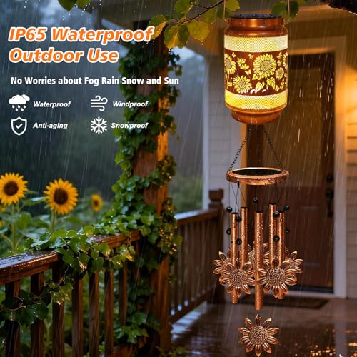 Image of 2 Pack Sunflower Solar Wind Chimes for Outside, Gifts for Mom Women Grandma Birthday Memorial Teacher, 32 inch Windchimes Outdoor Decor Hanging Solar Lantern for Garden Porch Patio Backyard