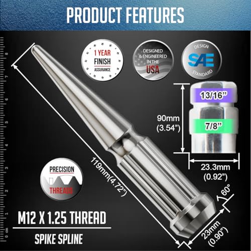 Image of Wheel Accessories Parts 20 Pcs M12x1.25 12x1.25 Thread Spike Spline 4.40 inch Long Lug Nuts Chrome 7 /8 inch & 13 /16 inch Hex Fits Nissan Pathfinder Murano | Suzuki Samurai w /Aftermarket Wheels