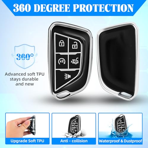 Image of QBUC for Cadillac Key Fob Cover with Leather Keychain (Chrome Trim Black) | Soft TPU Protection Case Compatible with 2020-2026 Cadillac Escalade Lyriq Optiq 5-Buttons