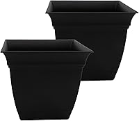 HC Companies Eclipse 12 Inch Square Planter Pots 2-Pack Black - Lightweight UV-Resistant Plastic with Drainage Holes & Saucer for Indoor Outdoor Plants