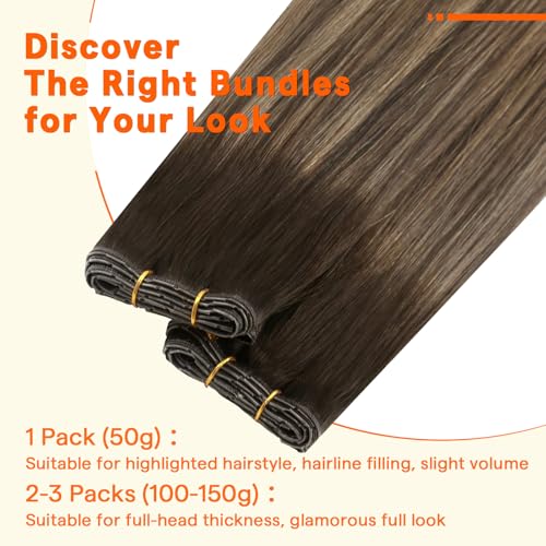 Image of Full Shine Butterfly Weft Hair Extensions 20 Inch 50G for Women | Balayage Dark Brown with Ash Brown Highlights, Double Layered PU Hole Weft, One Piece Volume, Natural Daily Wear