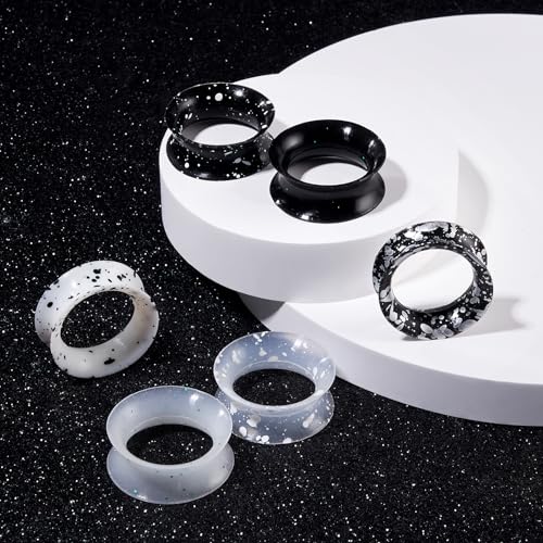 Longbeauty 12er Set Schwarz Weiß Silikon Ohr Tunnel Set mit Punkten Ohr Piercing Schmuck 10mm