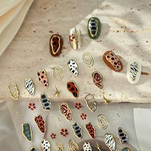 Image of Leopard Print Nail Stickers Retro Nail Art Stickers with Gold Line Design Nail Decal 5D Embossed Self Adhesive Nails Charms Supply for Women Girl DIY Manicure Decoration Accessories