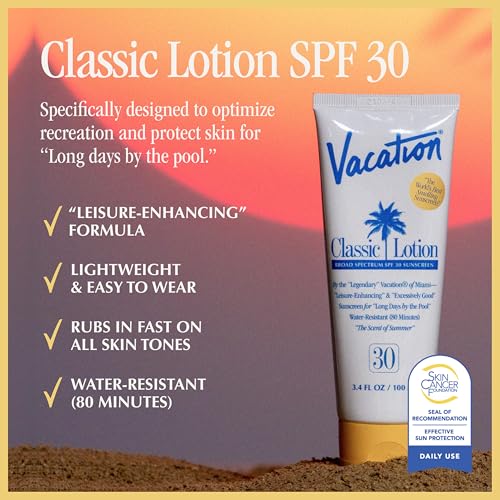 Vacation Classic Sunscreen Lotion SPF 30 & Air Freshener Bundle, Water-Resistant, Lightweight, Transparent on All Skin Tones, Dermatologist-Tested, Vegan, Travel Size, 3.4 Fl. Oz. - Image 3