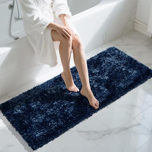 Image of Yimobra Long Bathroom Rugs Runner 60x24 Inch, Extra Thick Soft Absorbent Chenille Bath Mat, Non Slip Machine Washable, Quick Dry Bath Rugs for Bathroom Floor, Tub and Shower, Peacock Blue