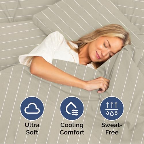 Image of Cal King Size 4 Piece Sheet Set - Soft & Cooling Sheets - Beige Stripes 4