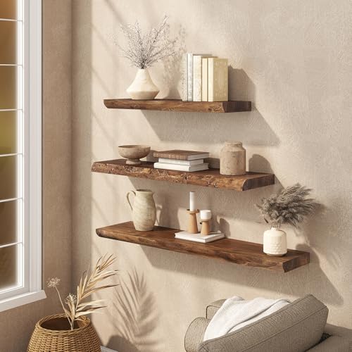 Image of 32 inch Live Edge Floating Shelves Set of 2, Solid Elm Wood, Vintage
