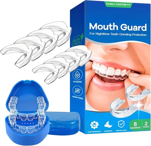 Mouth Guard for Clenching Teeth at Night Moldable Night Guards for Grinding Teeth Pack of 8 Reusable Night Guards Stops Bruxism and Teeth Clenching 2 Sizes with Two Travel Cases