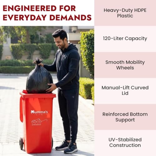 Image of Mumma's LIFE 120L Big Dustbin Extra Large Size | Plastic Manual-Lift Wheel Garbage Big Dustbin | Heavy Duty HDPE Waste Bin with Lid & Wheels | For Indoor & Outdoor Use (Red)