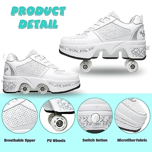 Image of Automatic Shoes Double-Row Deform Wheel Skate for Walking and Skating Invisible Deformation Roller Parkour Retractable Children's Shoes That Turn Into Rollerskates (40, White)